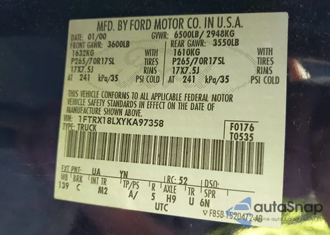 2000 Ford F-150 Lariat/Work Series/Xl/Xlt из США, поврежденный, VIN 1FTRX18LXYKA97358